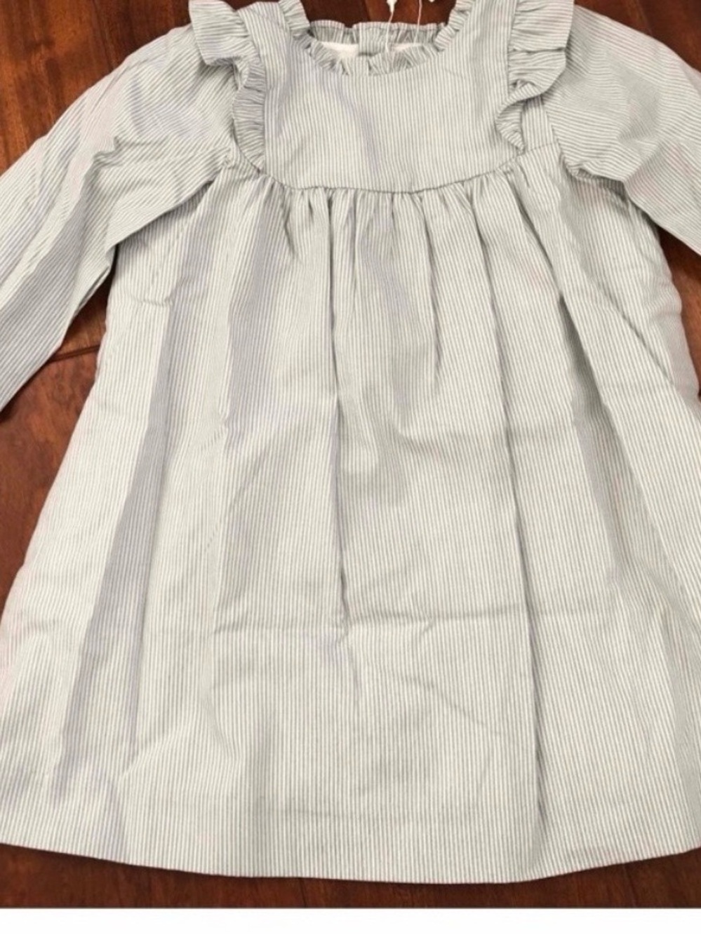 Girls' Light Blue Pinstripe Ruffle Yoke Dress